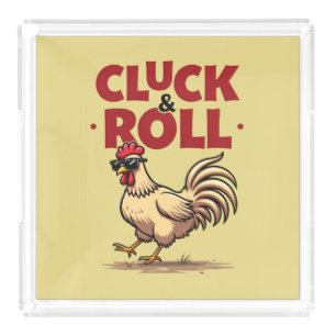 Funny "Cluck & Roll" Cool Rooster Cartoon Design Acrylic Tray