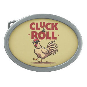Funny "Cluck & Roll" Cool Rooster Cartoon Design Belt Buckle