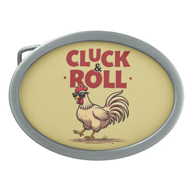 Funny "Cluck & Roll" Cool Rooster Cartoon Design Belt Buckle (Front)
