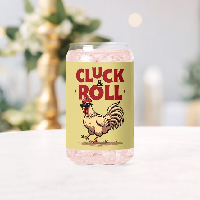 Funny "Cluck & Roll" Cool Rooster Cartoon Design Can Glass (Insitu (Wedding))