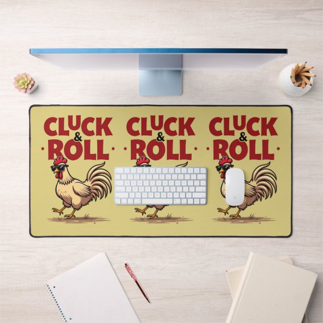 Funny "Cluck & Roll" Cool Rooster Cartoon Design Desk Mat (Office 1)
