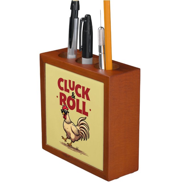 Funny "Cluck & Roll" Cool Rooster Cartoon Design Desk Organizer (In Situ)