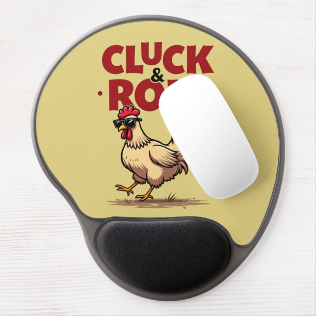 Funny "Cluck & Roll" Cool Rooster Cartoon Design Gel Mouse Pad (Left Side)