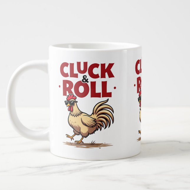 Funny "Cluck & Roll" Cool Rooster Cartoon Design Giant Coffee Mug (Left)