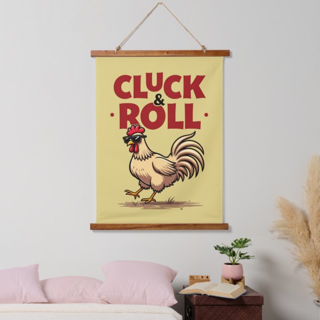 Funny "Cluck & Roll" Cool Rooster Cartoon Design Hanging Tapestry (Bedroom)