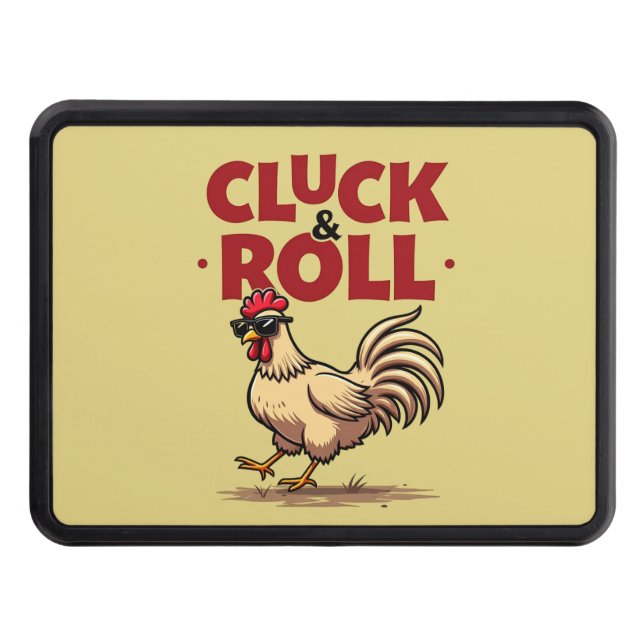 Funny "Cluck & Roll" Cool Rooster Cartoon Design Hitch Cover (Front)