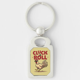 Funny "Cluck & Roll" Cool Rooster Cartoon Design Keychain