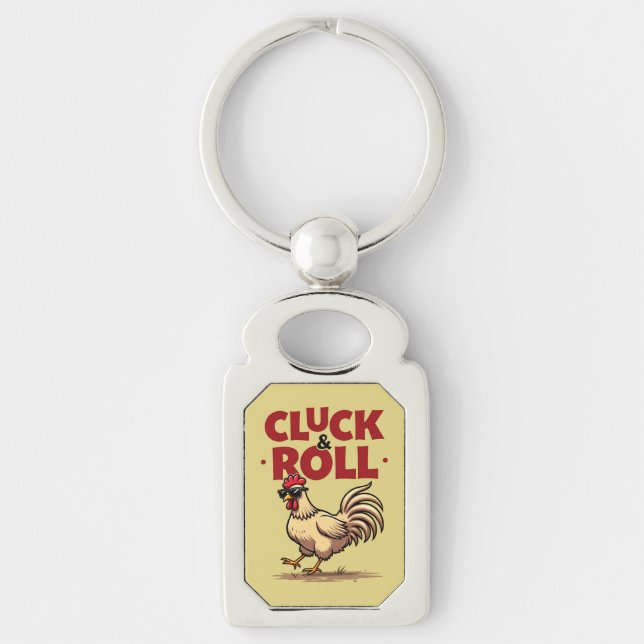 Funny "Cluck & Roll" Cool Rooster Cartoon Design Keychain (Front)