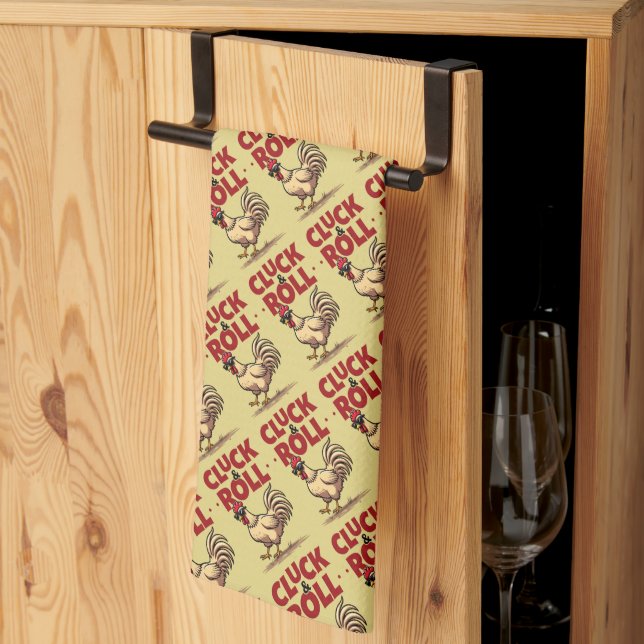 Funny "Cluck & Roll" Cool Rooster Cartoon Design Kitchen Towel (Thirds Fold)