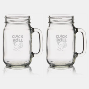 Funny "Cluck & Roll" Cool Rooster Cartoon Design Mason Jar W/ Handle