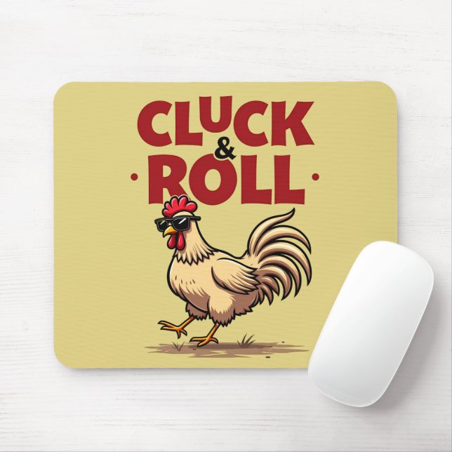 Funny "Cluck & Roll" Cool Rooster Cartoon Design Mouse Pad (With Mouse)
