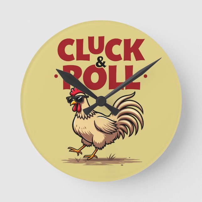 Funny "Cluck & Roll" Cool Rooster Cartoon Design Round Clock (Front)