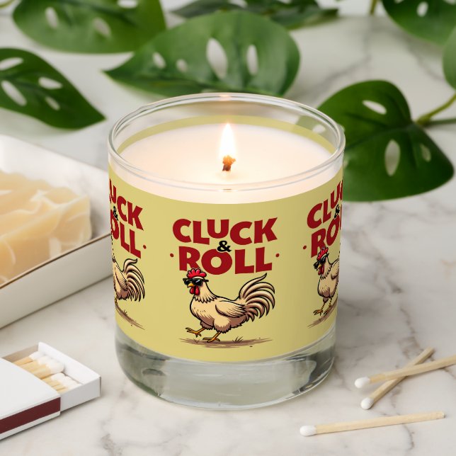 Funny "Cluck & Roll" Cool Rooster Cartoon Design Scented Candle (Lit)