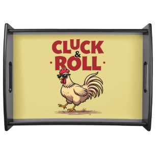 Funny "Cluck & Roll" Cool Rooster Cartoon Design Serving Tray