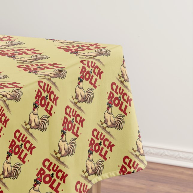 Funny "Cluck & Roll" Cool Rooster Cartoon Design Tablecloth (In Situ)
