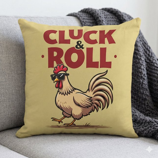 Funny "Cluck & Roll" Cool Rooster Cartoon Design Throw Pillow (Funny Cluck & Roll Cool Rooster Cartoon Design Throw Pillow  Mockup A)