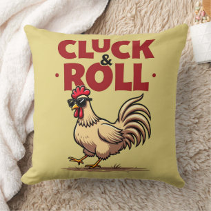 Funny "Cluck & Roll" Cool Rooster Cartoon Design Throw Pillow