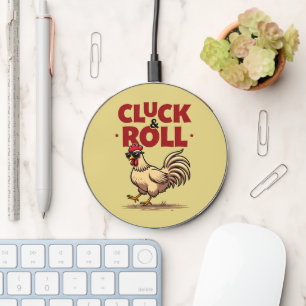 Funny "Cluck & Roll" Cool Rooster Cartoon Design Wireless Charger