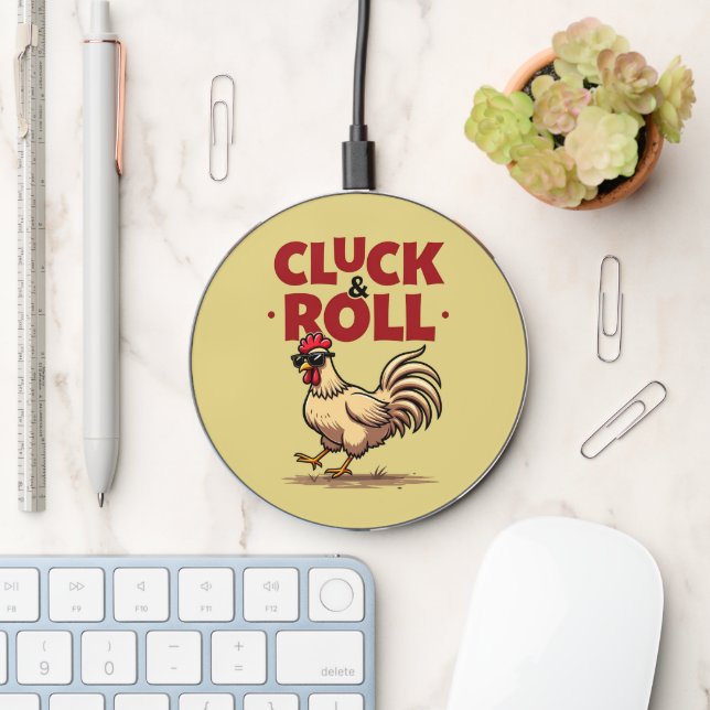 Funny "Cluck & Roll" Cool Rooster Cartoon Design Wireless Charger (Desk)