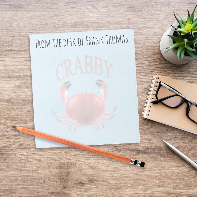 Funny Coastal Crab Personalized Desk Stationery Notepad (Funny coastal crab personalized desk stationery with beachy blue ocean theme.)