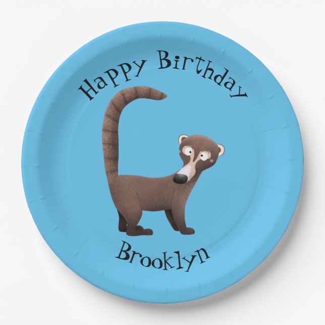 Funny coatimundi cartoon personalised birthday paper plates (Front)