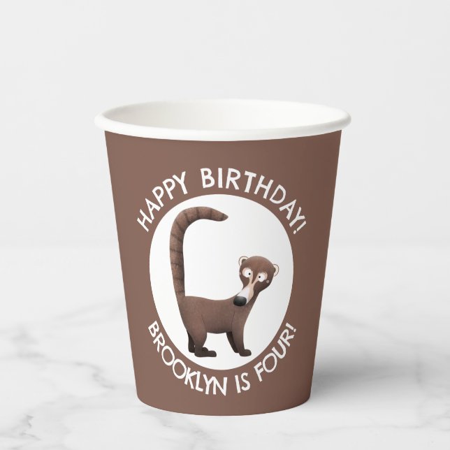 Funny coatimundi cartoon personalized birthday paper cups (Front)
