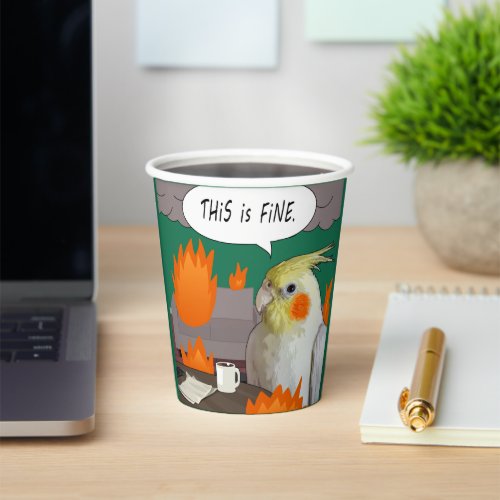 Funny Cockatiel Remote Worker This Is Fine Meme Paper Cups