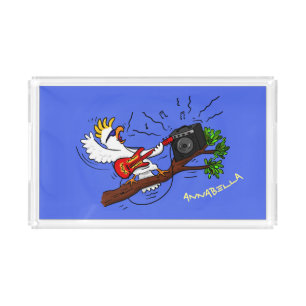 Funny cockatoo playing rock guitar cartoon acrylic tray