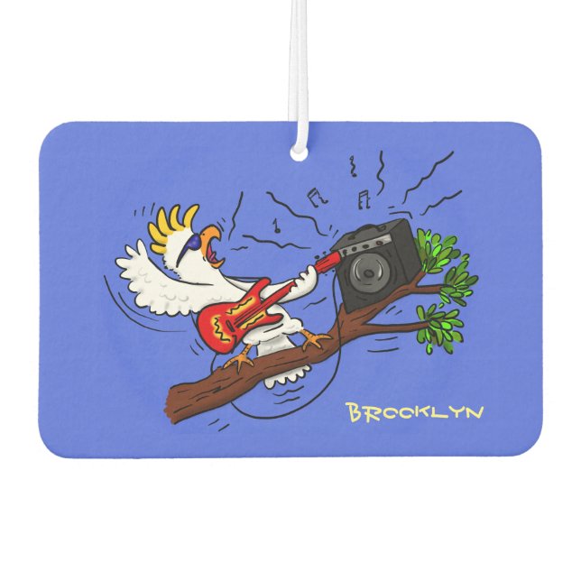 Funny cockatoo playing rock guitar cartoon  air freshener (Front)