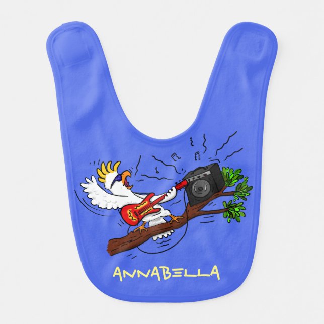 Funny cockatoo playing rock guitar cartoon baby bib (Front)