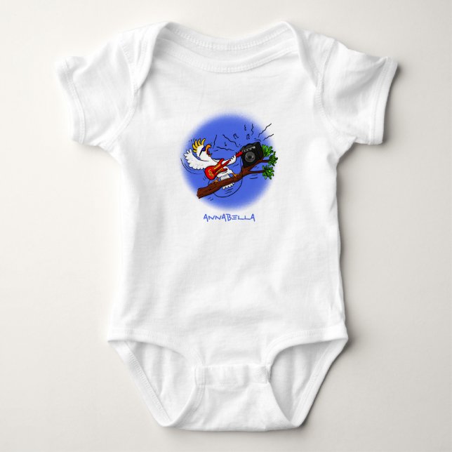 Funny cockatoo playing rock guitar cartoon baby bodysuit (Front)