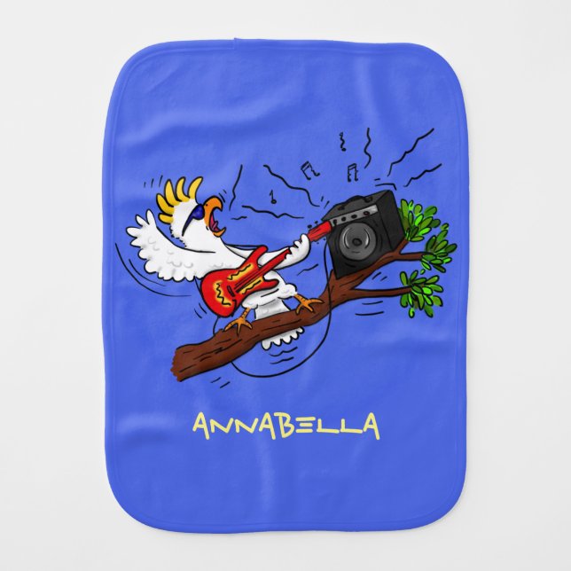 Funny cockatoo playing rock guitar cartoon baby burp cloth (Front)