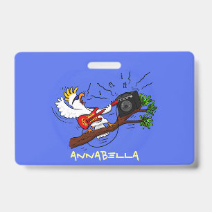 Funny cockatoo playing rock guitar cartoon badge