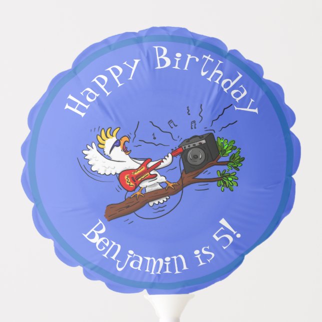 Funny cockatoo playing rock guitar cartoon balloon (Front)