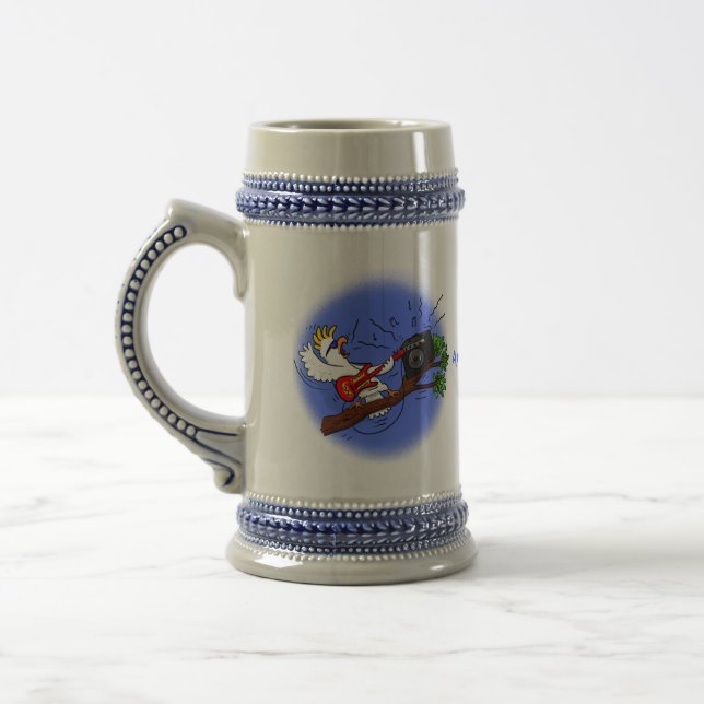 Funny cockatoo playing rock guitar cartoon beer stein (Left)