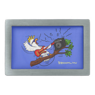 Funny cockatoo playing rock guitar cartoon belt buckle
