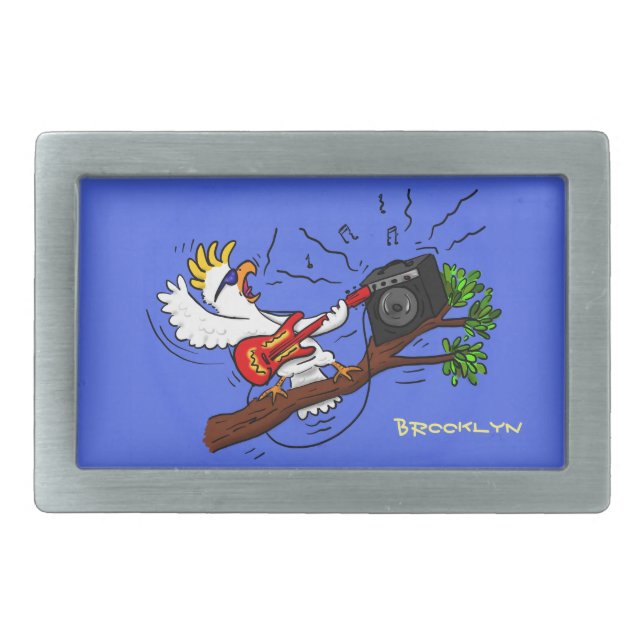 Funny cockatoo playing rock guitar cartoon belt buckle (Front)