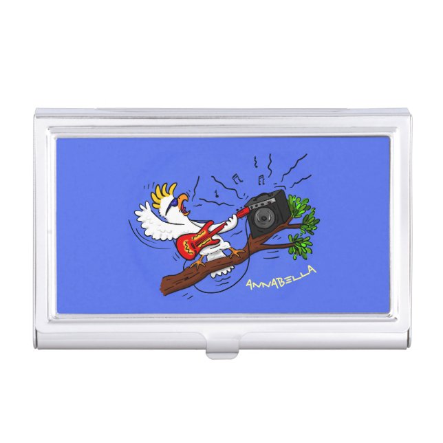 Funny cockatoo playing rock guitar cartoon business card case (Front)