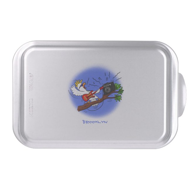 Funny cockatoo playing rock guitar cartoon cake pan (Front)