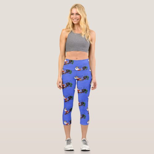 Funny cockatoo playing rock guitar cartoon capri leggings