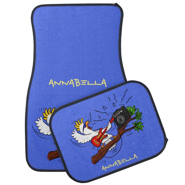 Funny cockatoo playing rock guitar cartoon car floor mat (Set)