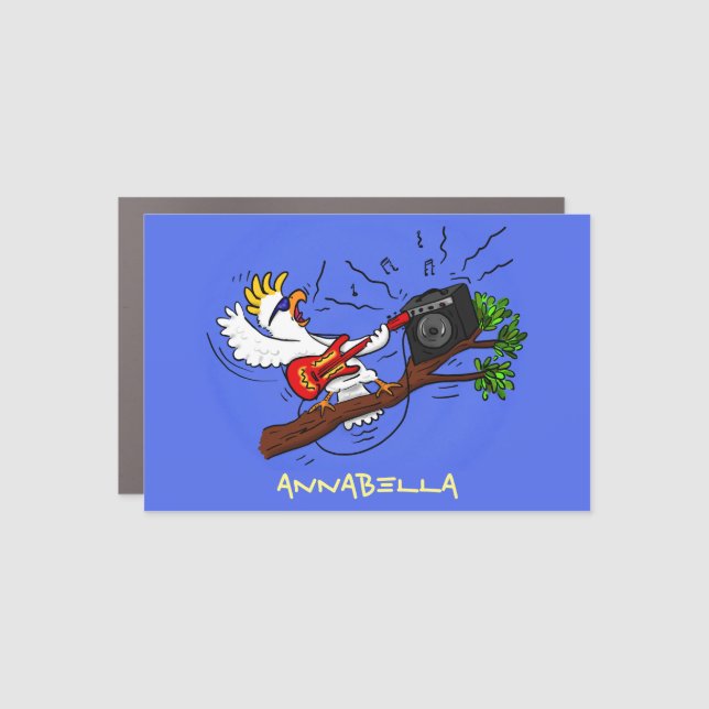 Funny cockatoo playing rock guitar cartoon car magnet (Front)