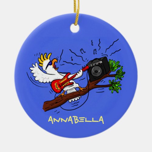 Funny cockatoo playing rock guitar cartoon ceramic ornament