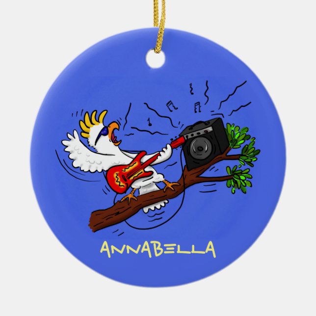 Funny cockatoo playing rock guitar cartoon ceramic ornament (Front)