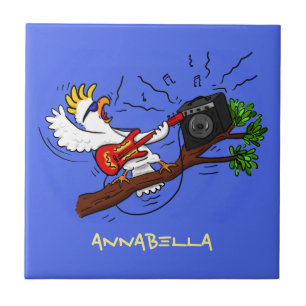 Funny cockatoo playing rock guitar cartoon ceramic tile