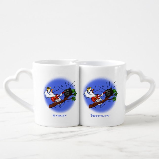 Funny cockatoo playing rock guitar cartoon coffee mug set (Back Nesting)