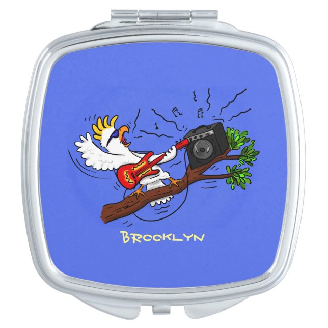 Funny cockatoo playing rock guitar cartoon compact mirror (Front)