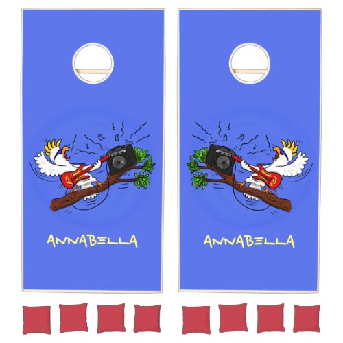 Funny cockatoo playing rock guitar cartoon cornhole set