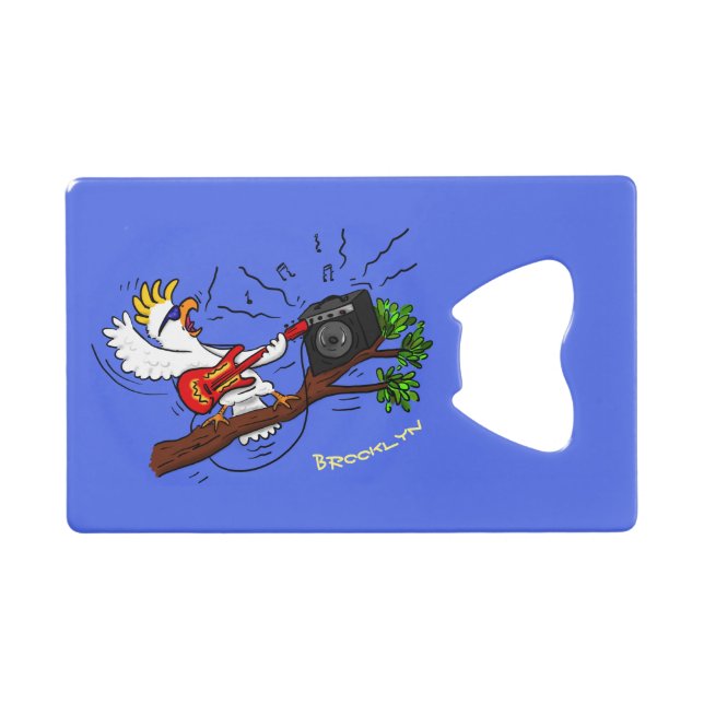Funny cockatoo playing rock guitar cartoon credit card bottle opener (Front (Horizontal))