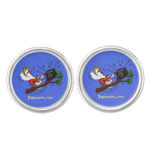 Funny cockatoo playing rock guitar cartoon  cufflinks